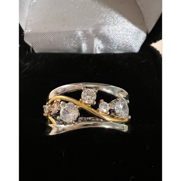 Vine Design 925 Silver With Gold Simulated Diamond Fashion Ring - Picture 2 of 8